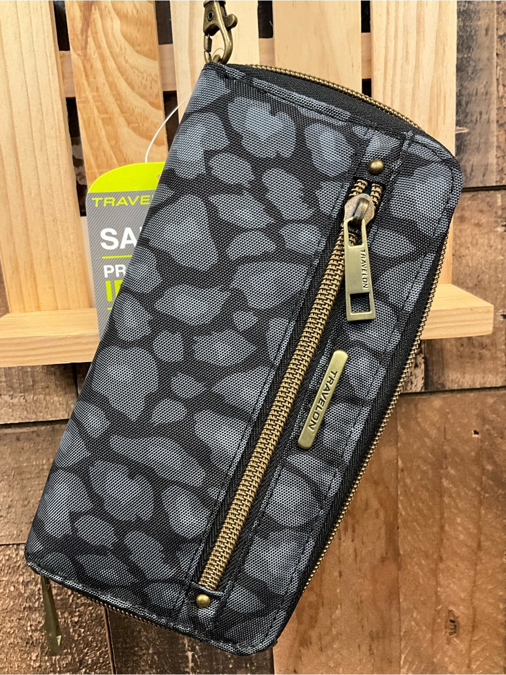 Travelon Gray & Black Patterned Zip Wallet with Wrist Clip